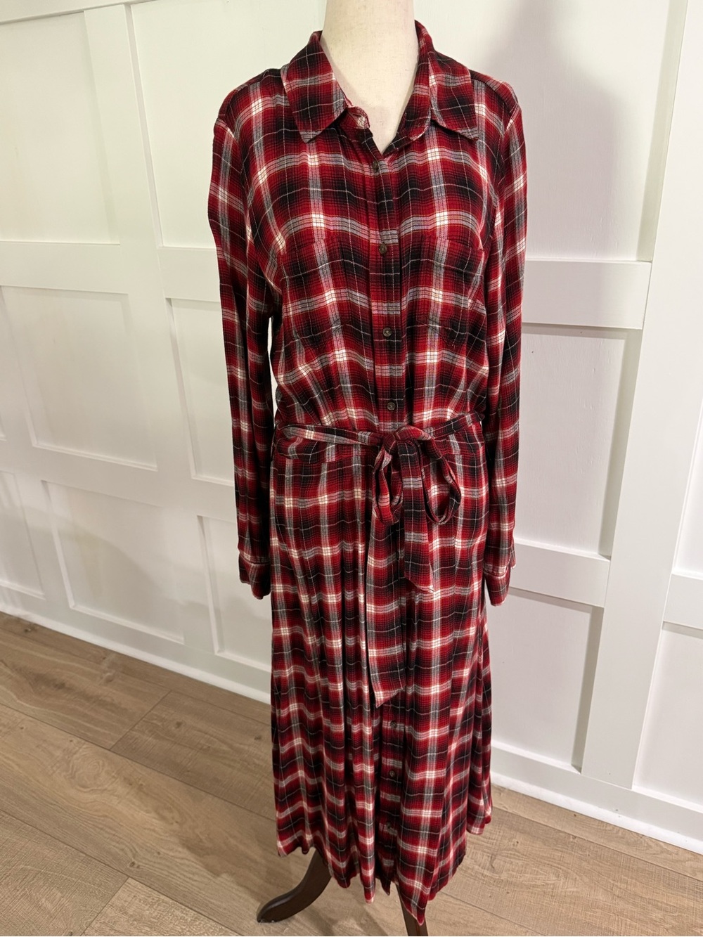 Plaid Button-Front Shirt Dress with Waist Tie - Red Plaid - Picture 3 of 5